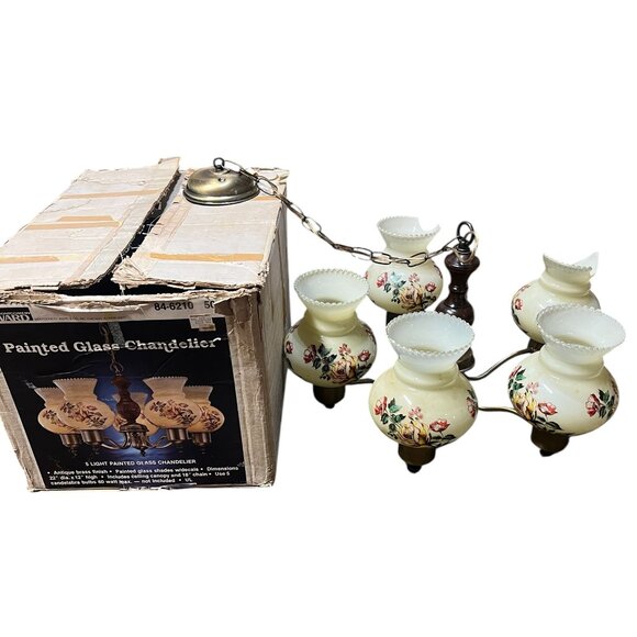 Vintage Montgomery Ward Painted Glass Chandelier 5 Hand Painted Shades Floral